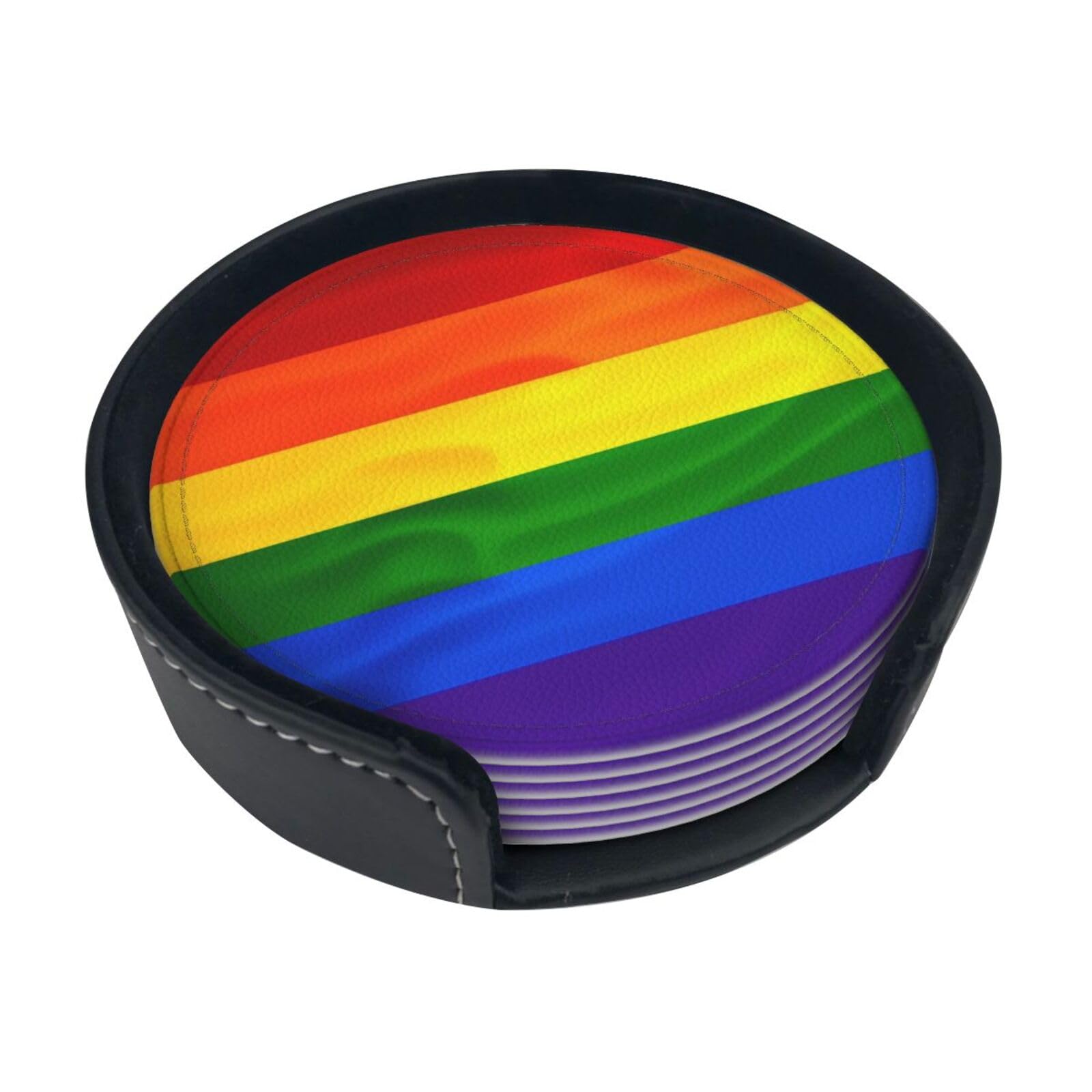 Ykclkshka White Rainbow Flag Round Leather Coasters (6 Pieces) - Drink Coaster Set For Desk, Modern Easy To Clean Home Office & Farmhouse Coasters