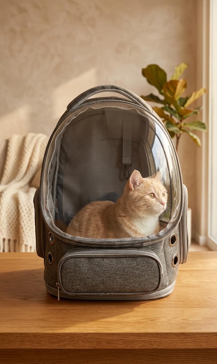 Mochila Transportín para Gatos, con Cápsula Transparente, Ventilación Color Gris
