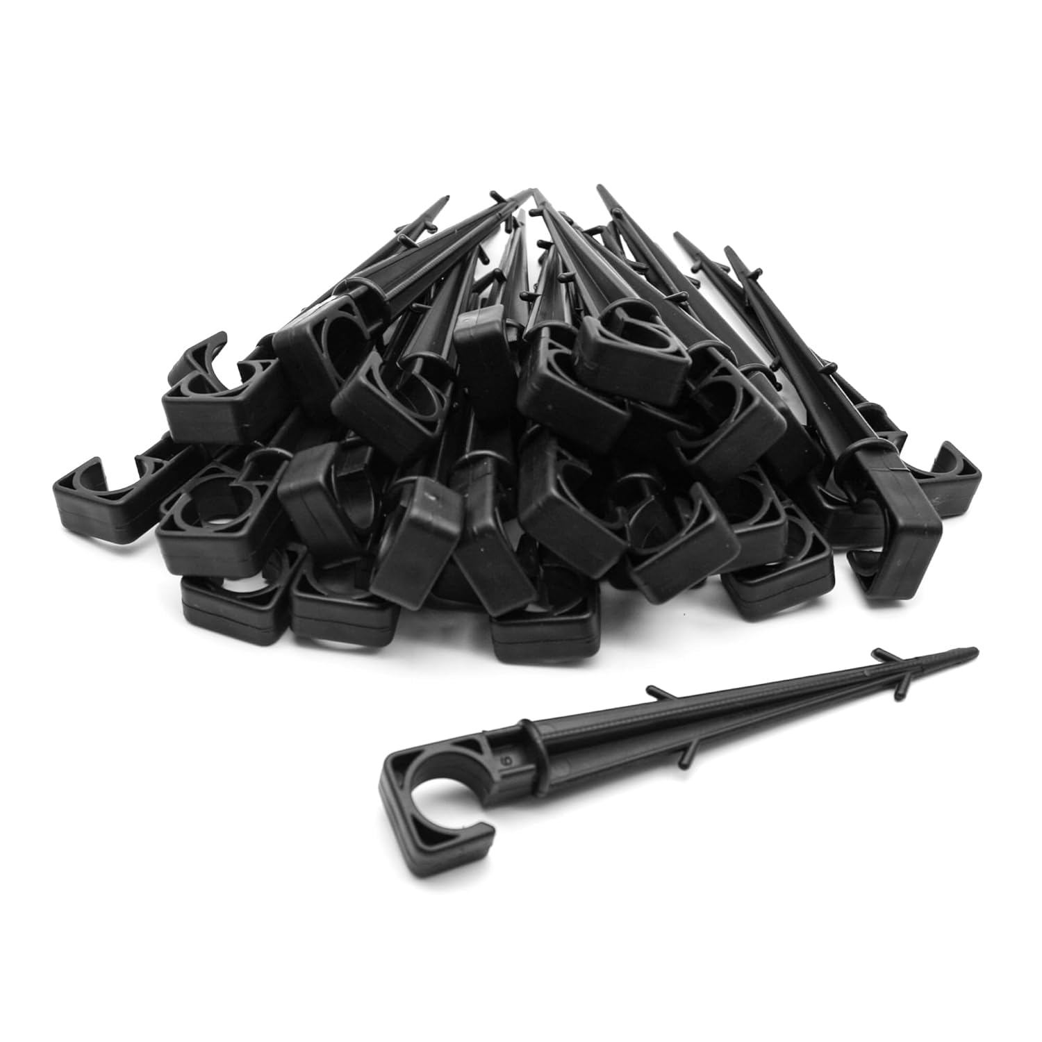 Suinga. 500 x picchetto di fissaggio per tubi gocciolatori 16 mm. Picchetto gocciolante nero. Impedisce al tubo da 16 mm di sollevarsi dal vento o piegamenti. Confezione da 500 picchetti