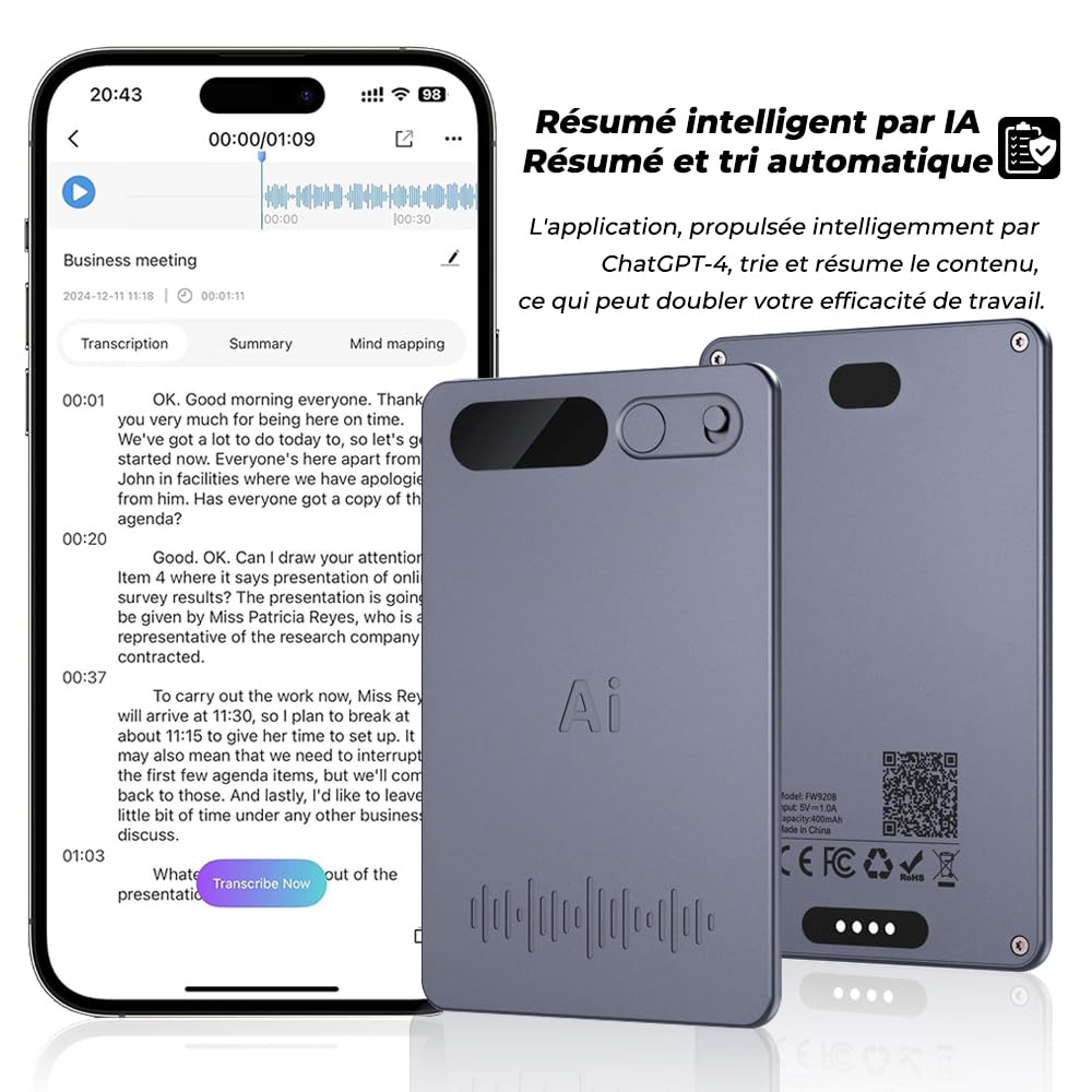 Enregistreur Vocal， Mémoire 64 Go IA Dictaphone Numérique