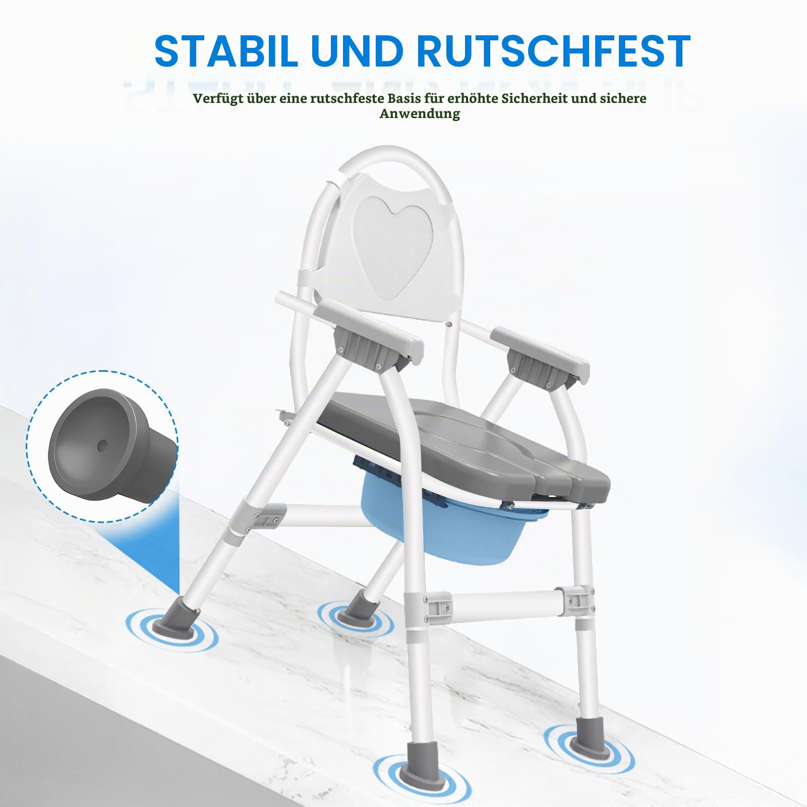 Leichter klappbarer Toilettenstuhl für ältere und behinderte Menschen - höhenverstellbarer Duschstuhl mit gepolstertem Sitz, einfaches Abnehmen des Töpfchens, tragbarer grauer WC-Sitzrahmen