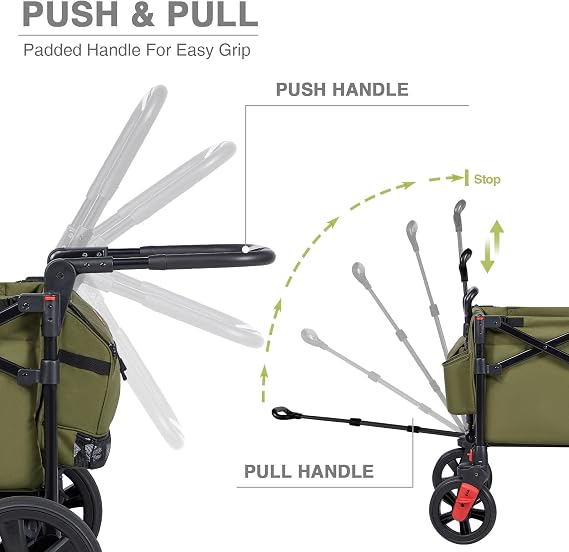 EVER ADVANCED Foldable Wagons for Two Kids & Cargo, Collapsible Folding Wagon Stroller with Adjustable Handle Bar,Removable Canopy with 5-Point Harness,Green