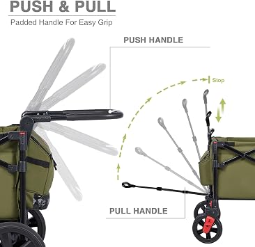 EVER ADVANCED Foldable Wagons for Two Kids & Cargo, Collapsible Folding Wagon Stroller with Adjustable Handle Bar,Removable Canopy with 5-Point Harness,Green