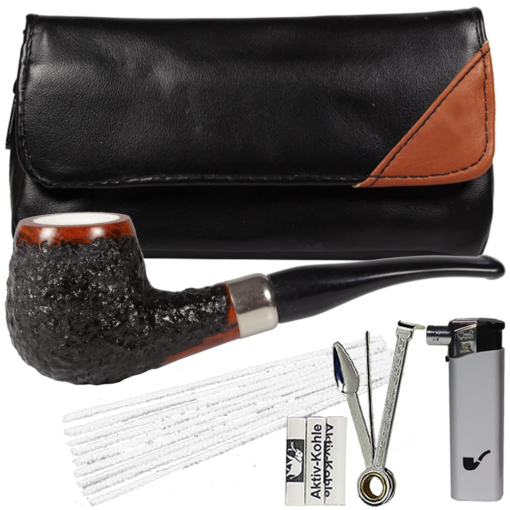 Sepilo Pfeifenset Volcano Bruyere Holz mit Meerschaum Meerschaumeinsatz Pfeife Set 9mm Aktivkohle Filter Pfeifentasche Pfeifenfeuerzeug Pfeifenbesteck Pfeifenreiniger (Volcano Rustic Orange 03)