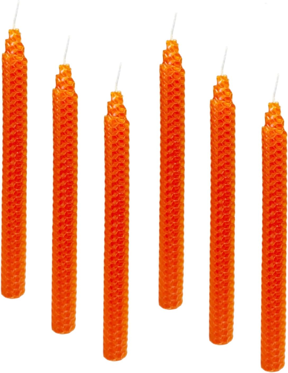 Set of 6 Beeswax Orange Taper Candles, Premium Quality Hand