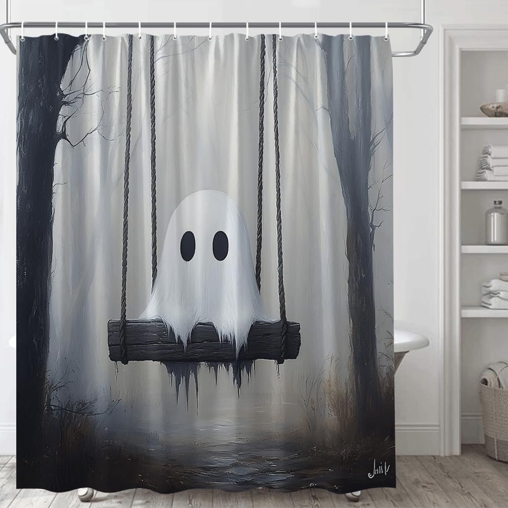 Halloween Shower Curtain Cute Ghost on Swing Grey Misty Forest Dead Tree Gothic Vintage Farmhouse Spooky Funny Cartoon Boys Girls Fabric Bathroom Decor Fabric Curtain with Hooks