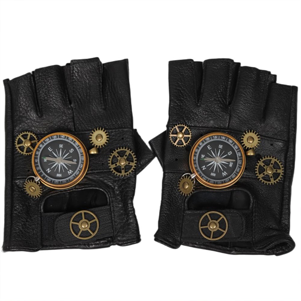 Xinchangda Steampunk Gloves Medieval Retro Gears Compass Decoration Gloves Half Finger Leather Gloves Cosplay Costume props