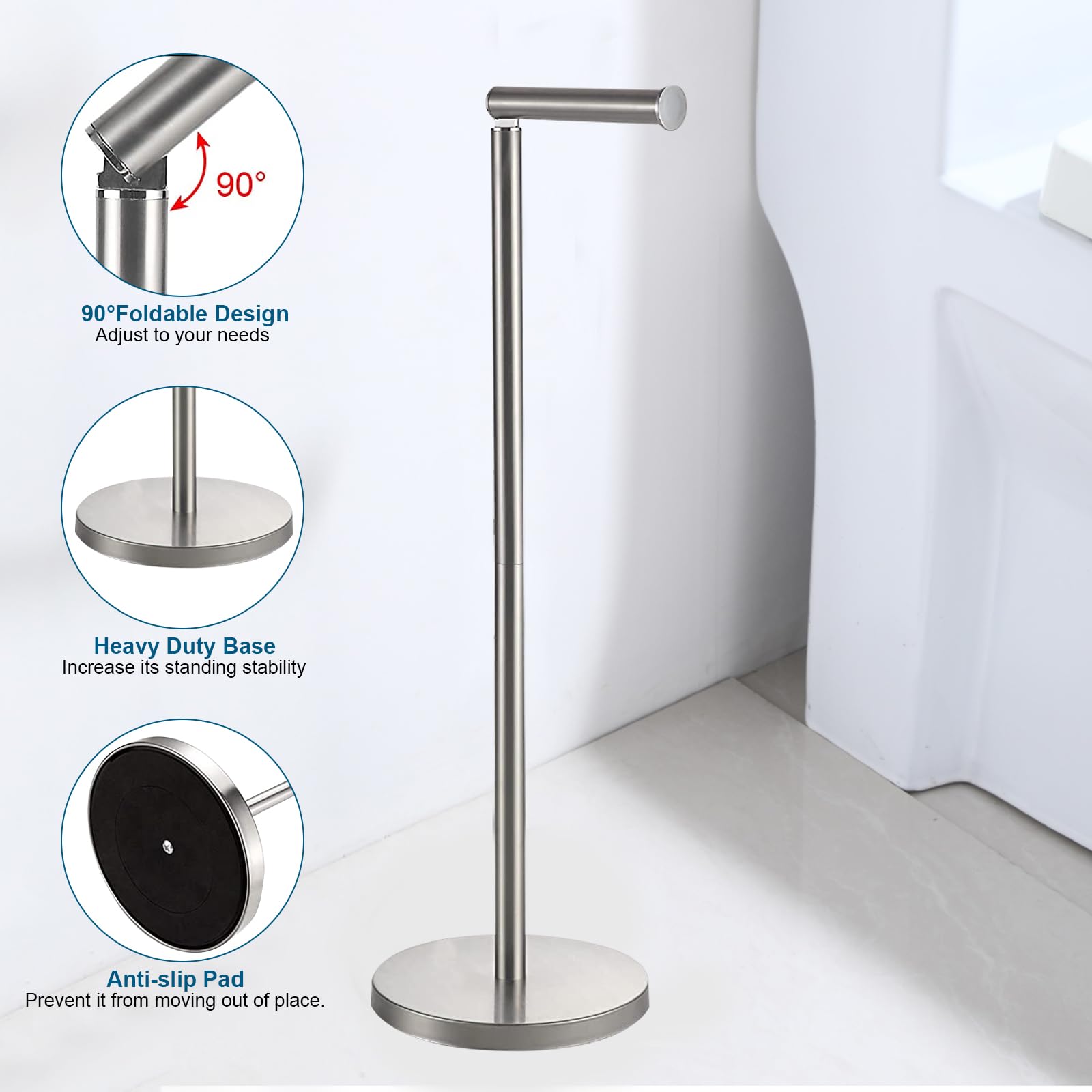 Stainless Steel Free Standing Toilet Paper Stand, Folding Toilet Roll Holder with Heavy Duty Base, Storage Dispenser (Silver) - Image 4