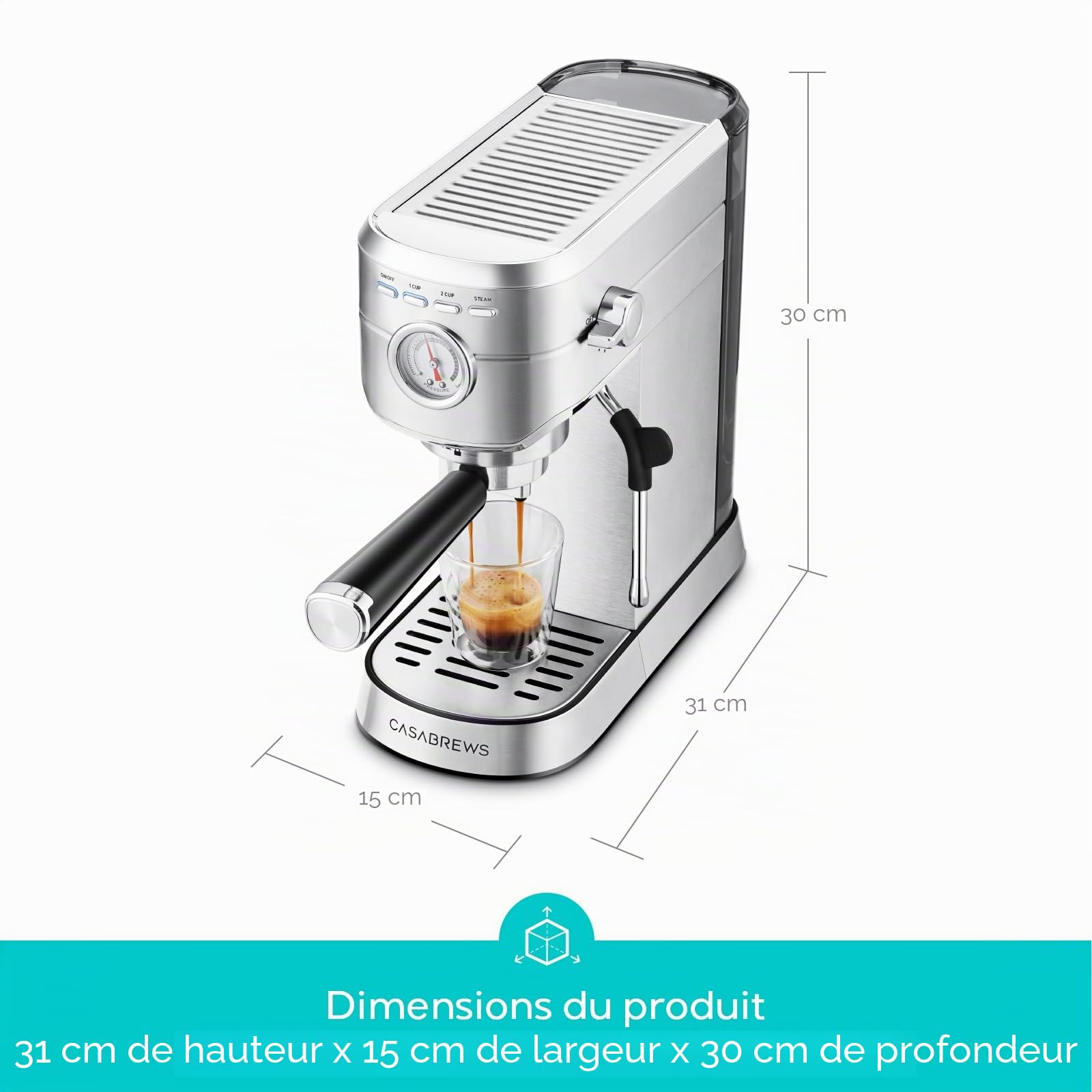 CASABREWS Machine à Café Expresso 20 Bars avec Mousseur à Lait, Machine à Cappuccino et Latte avec Manomètre, Réservoir de 1L, Boîtier en métal, Acier inoxydable
