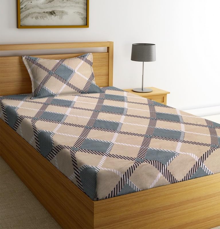 Image of Premium Glace Cotton 180 TC Flat Single Bedsheets for Summer Breathable | Wrinklefree (Size-60 X 90 Inch) with 1 Pillow Covers (Size-17 X 27 Inches, Beige Grey)