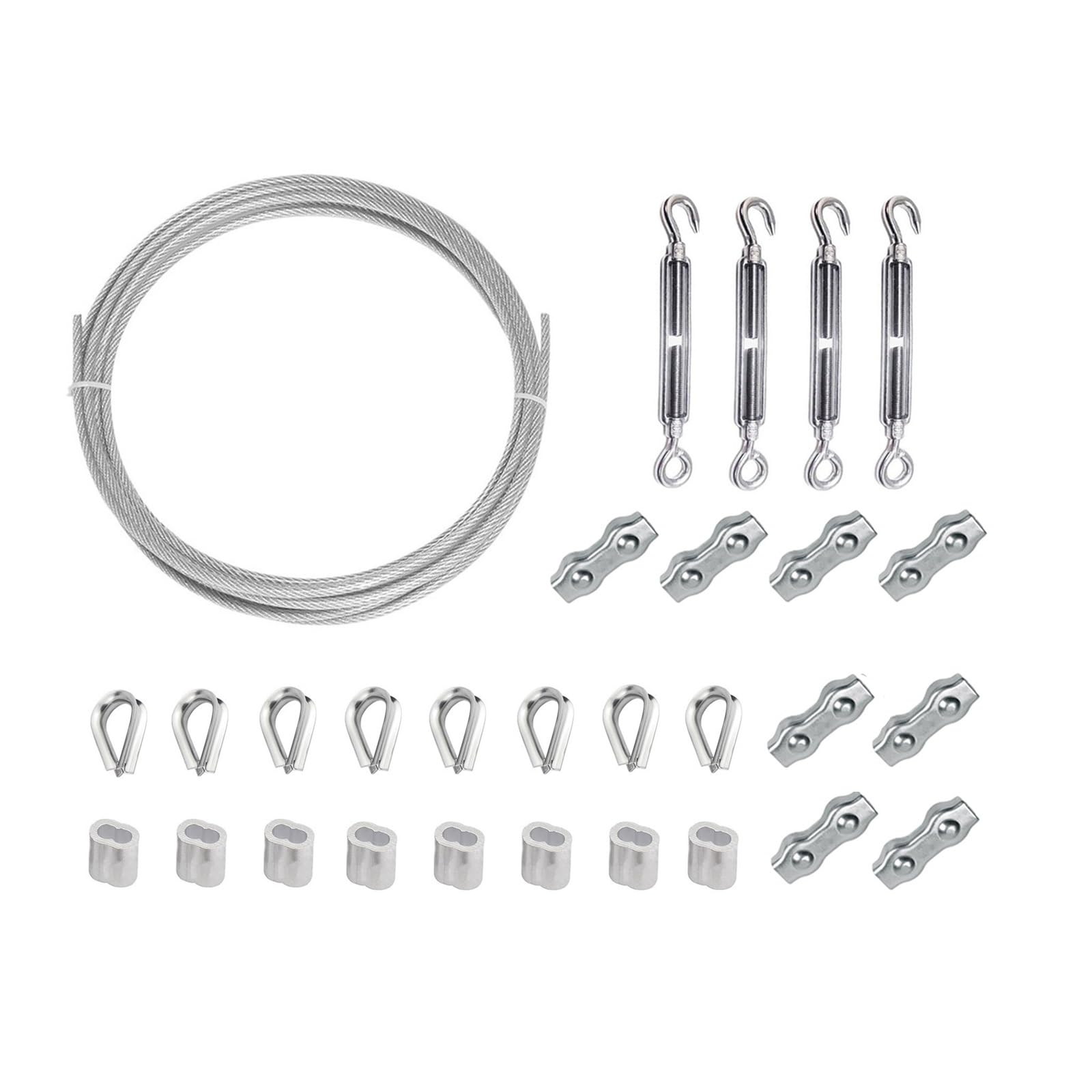 Tenditore for cavi, tenditore for tenditore regolabile, kit for fune in acciaio inossidabile da 20 m 4 mm, cavo metallico rivestito in PVC da 4 mm con manicotti di crimpatura in alluminio, ditale for