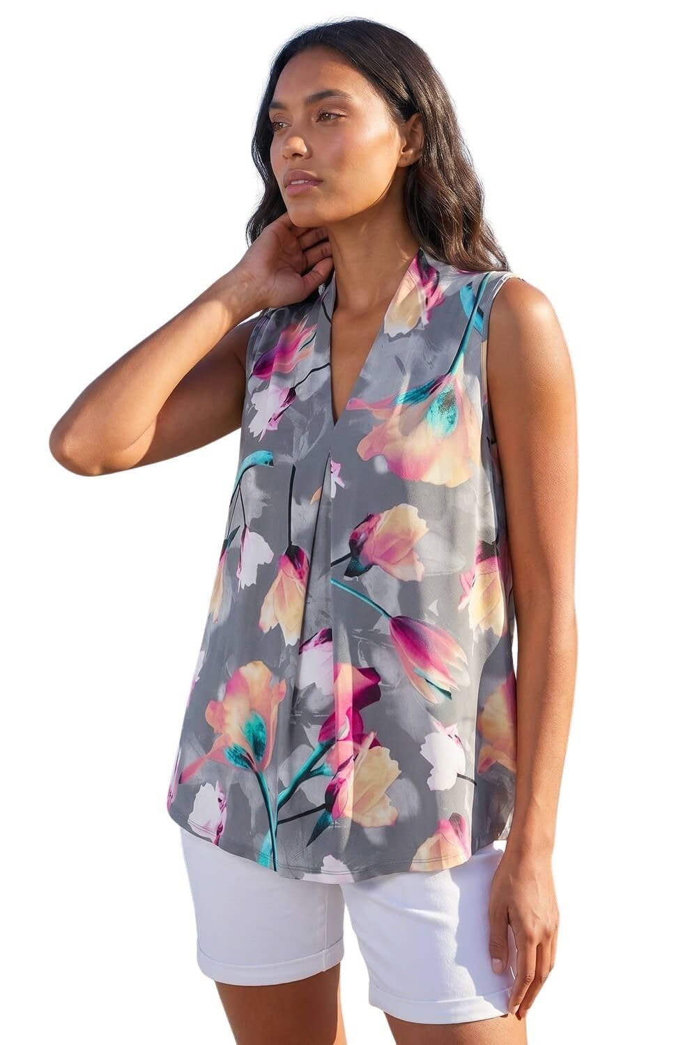 Roman Sequin Front Pleat Vest for Women UK - Ladies Autumn Everyday Winter Holiday V-Neckline Comfy Sleeveless Soft Sparkle Shirt Dinner Date Tops - Floral Pink - Size 18