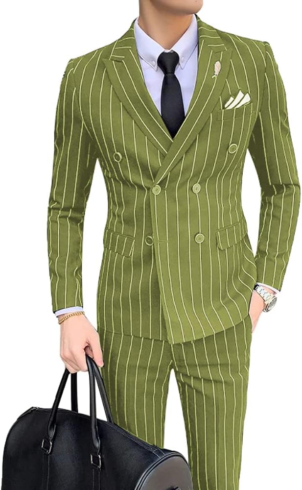 Mens 2 Piece Suit Pinstripe Slim Fit Wedding Groomman Formal Bussiness Notched Lapel Suits Tuxedos