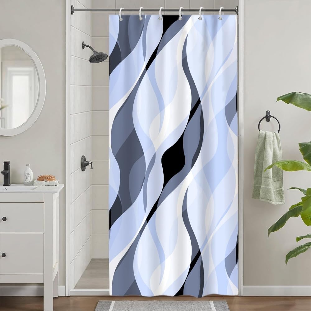Uiiooazy Blue Shower Curtain, Abstract Shower Curtain with Lines Geometric Pattern, Anti-Mould Shower Curtain, Waterproof, Polyester Fabric, Washable, Bathroom Curtain with 6 Hooks for Bathroom