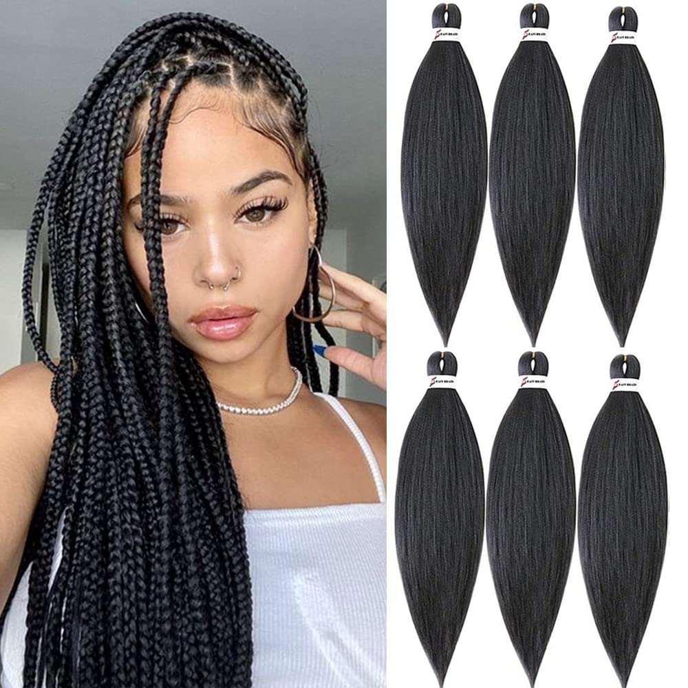 MSBELLE 6 Packs/Lot Pre Stretched Braiding hair 26 Inch Ombre Braiding Hair Extensions Hot Water Setting Crochet Synthetic Braids Hair Black(1#)