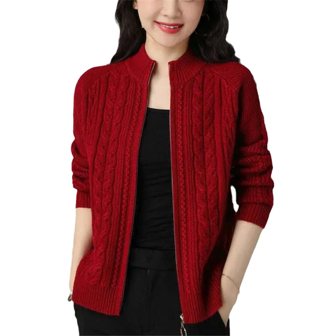 Ownwfeat Maglione Intrecciato con Zip A Mezzo Collo Alto da Donna con Cappotto A Maniche Lunghe Larghe.