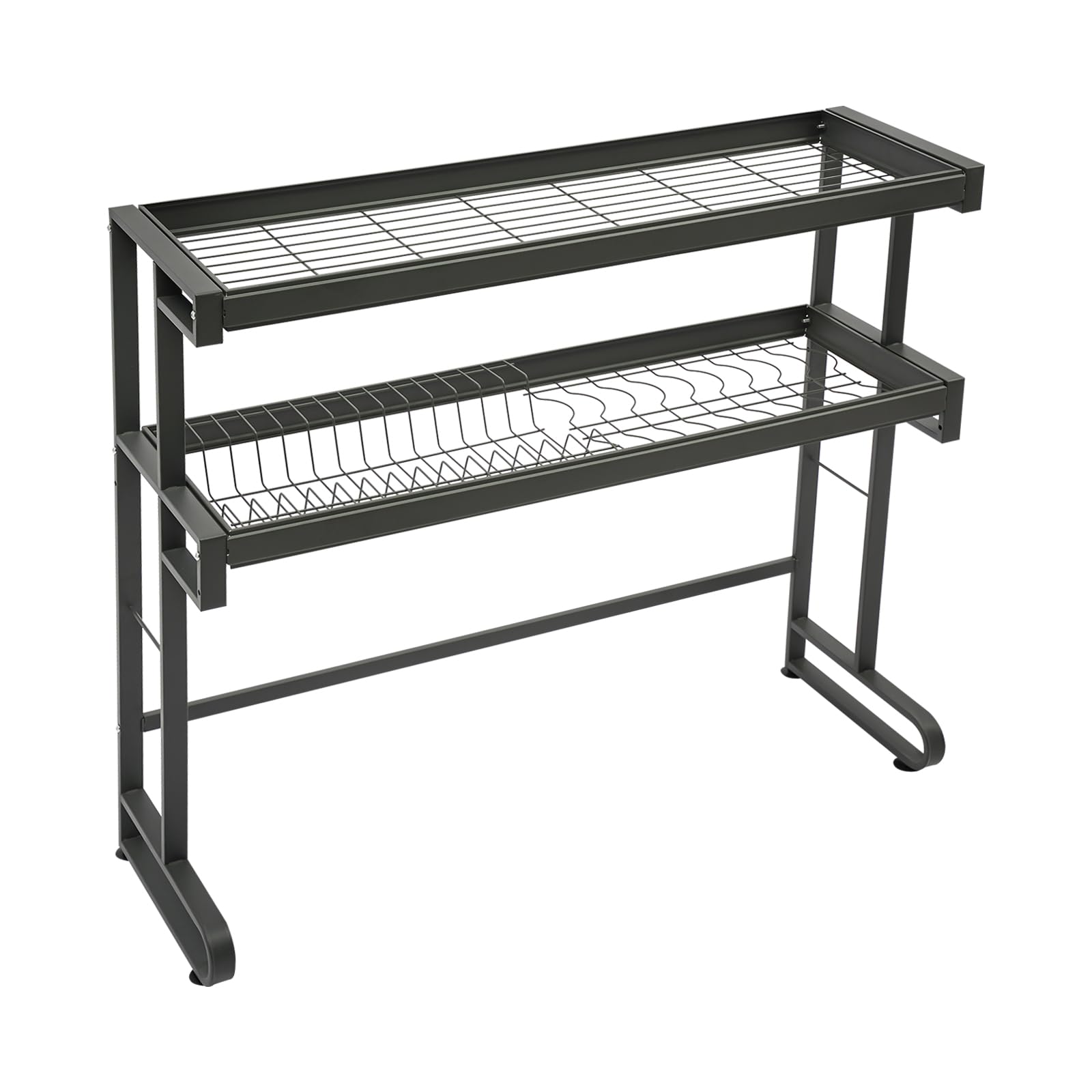 Abtropfgestell Geschirr mit 2 Ebenen 86 cm Geschirrabtropfgestell aus Metall mit Utensilienhalter Höheneinstellbar Geschirrtrockner mit Haken (Schwarz)