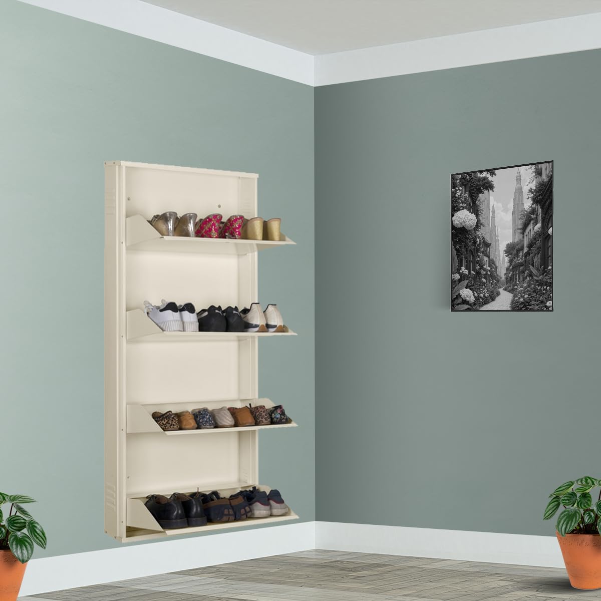 delite kom metal shoe rack for home | 24 inches wide 4 shelf | metal shoe cabinet for home with lock | wall mount | space saving chappal sandal shoe organizer stand | 100% powder coated color | diy