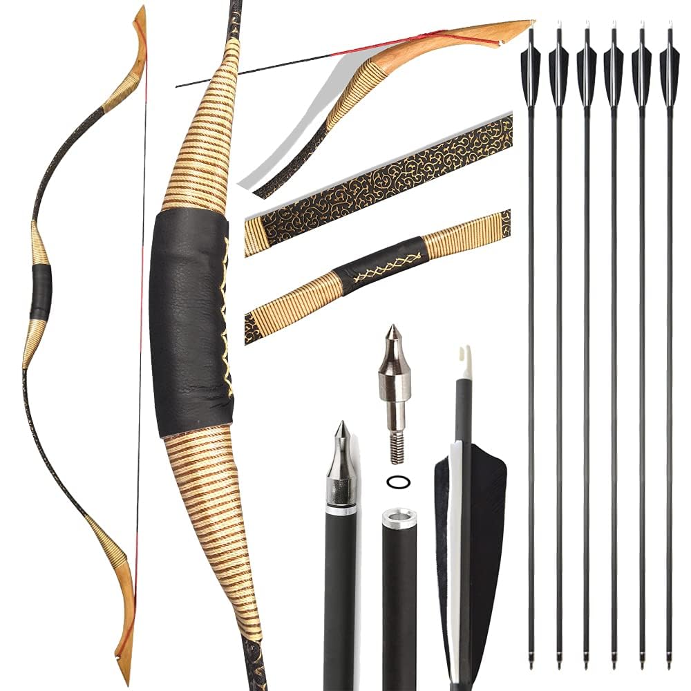 SHARROW 25-55 Lbs Traditional Bow Set Recurve Bow Set Longbow Sport Bow Archery Set Hunting Bow Set Handmade Wooden Bow Asian Mongolian Bow Horsebow for Adults Beginner Practice (Type 4, 45Lbs)
