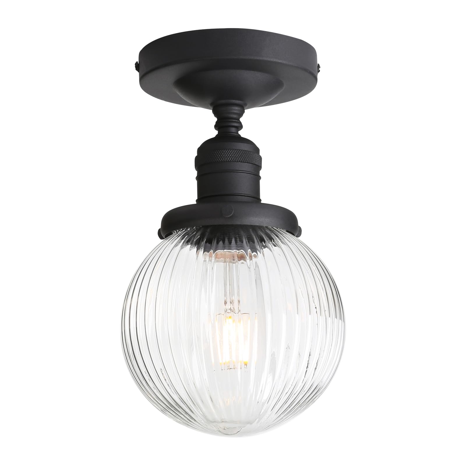 Pathson Plafonnier Industriel Vintage Luminaire E27 Rétro Lustre Suspension Abat-jour en Verre Globe Ø15CM Éclairage Plafond Pour Salon Cuisine Chambre (Noir)