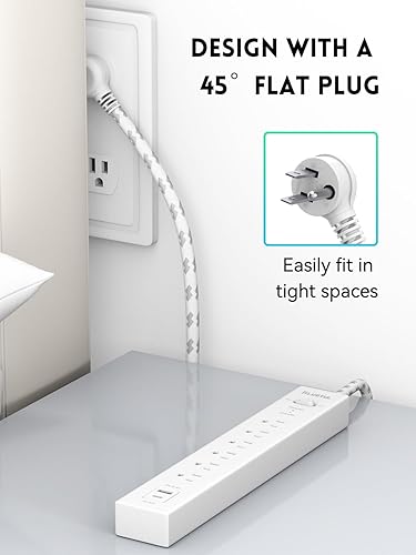Miniatura 6 de Regleta protectora contra sobretensiones PD 20W USB C - Cable de extensión trenzado de enchufe plano con 6 salidas de CA, 2 USB (1 USB C), montaje