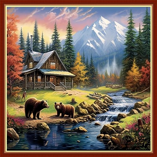 Image of Findvoor Stamped Cross Stitch Kits for Beginners Full Range of Cross Stitching Embroidery Pattern for Adults, 11CT DIY Needlepoint Embroidery Starter Kits-Forest Bear 17.7x17.7 inch