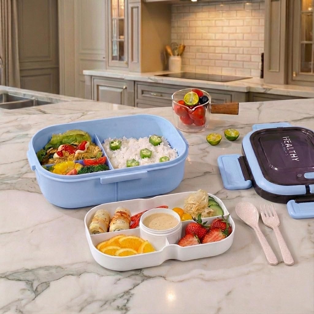 YAH Healthy Life Bento Lunch Box with Sauce Box - Leak-Proof, BPA-Free, 2 Stackable Layers, 6 Compartments, Includes Cutlery & Carry Handle, Microwave & Dishwasher Safe