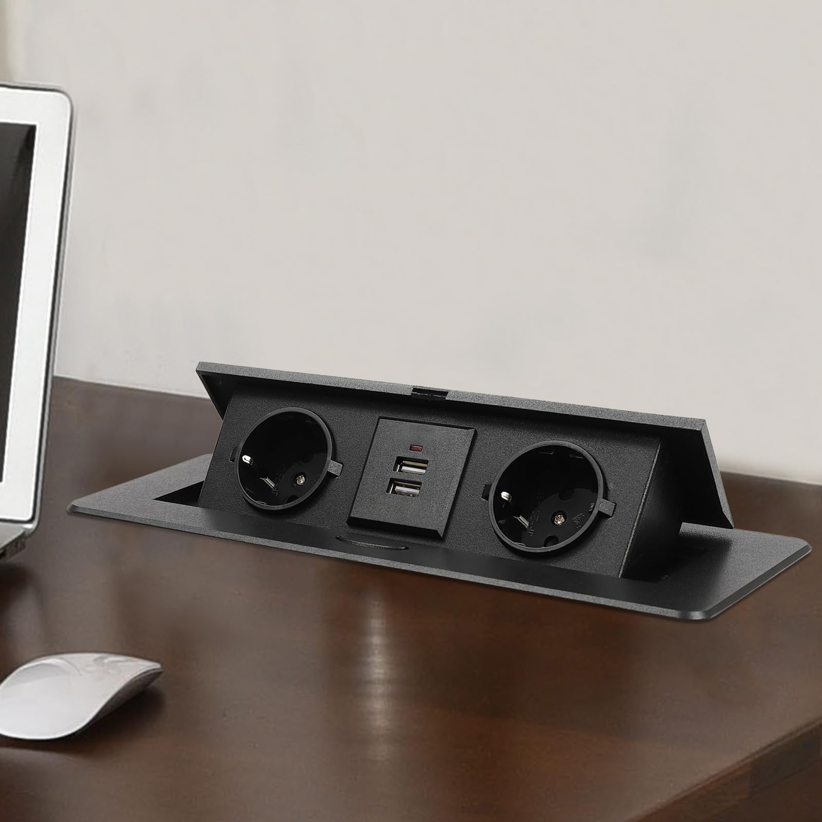 Enchufe empotrable retráctil con 2 puertos USB negro sin cable | Socket Pop Up de mesa, 2 USB y 2 euros, enchufe estándar para encimera