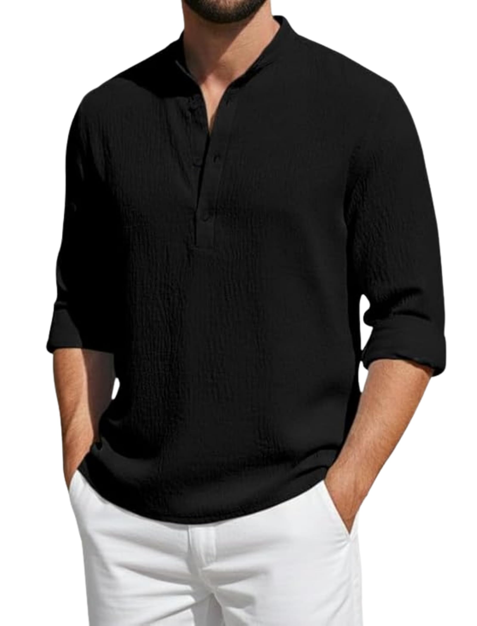 hemilique Men's Cotton Blend Short Kurta with Collared Neck Full Sleeves Solid Pattern Western Style Regular Fit and Standard Length-picture-33