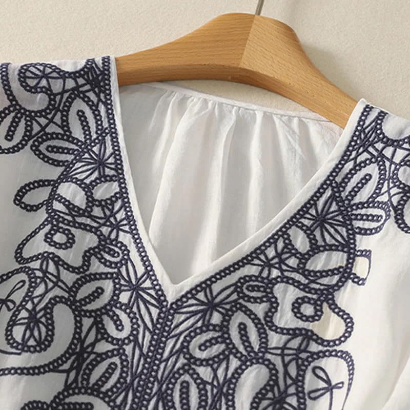Image of RIEKA Womens Tunic Top with Floral Embroidery V Neck 3 /4 Sleeve Relaxed Fit Casual Ethnic Fusion Top Lightweight Sheer Fabric Everyday Wear for Women
