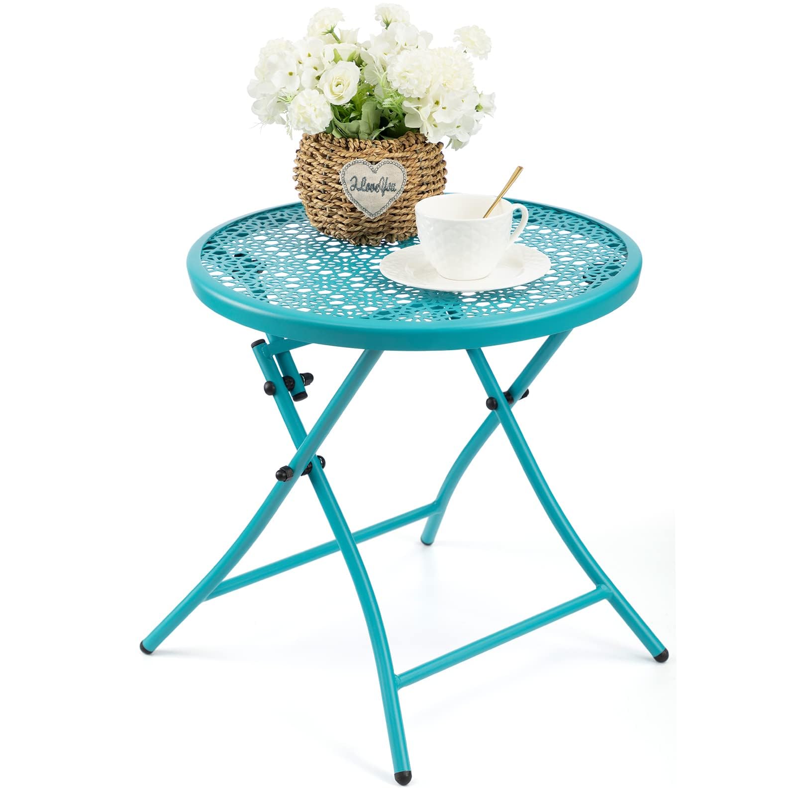 TeoKJ Folding Outdoor Side Table, Anti Rust Small Patio Table Round, Small garden table Metal End Table with Flower Cutouts for Porch Yard Balcony Deck Lawn, Blue