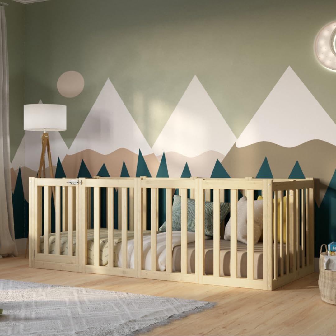 Kinderbett 140x200 cm – Montessori Bodenbett mit Hohem Rausfallschutz 73cm und Öffnbarer Barriere - Natürlichem Holz mit Glatter Oberfläche - Perfekt für Jungen und Mädchen Crazy John