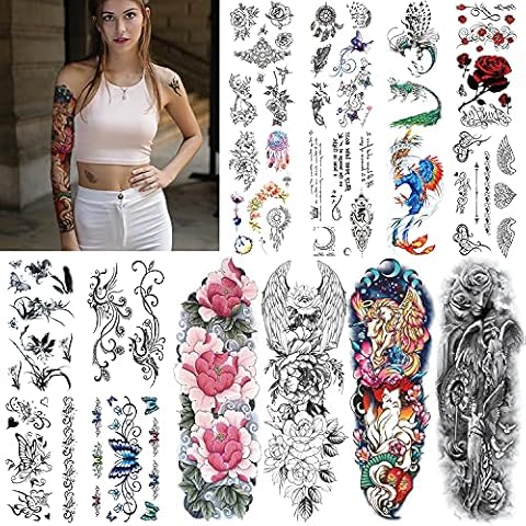 Aresvns Waterproof Temporary Tattoo 4 Sheets Full Arm Fake Tattoos and 12 Sheets Colorful Flowers Half Arm Tattoos for Women Cover
