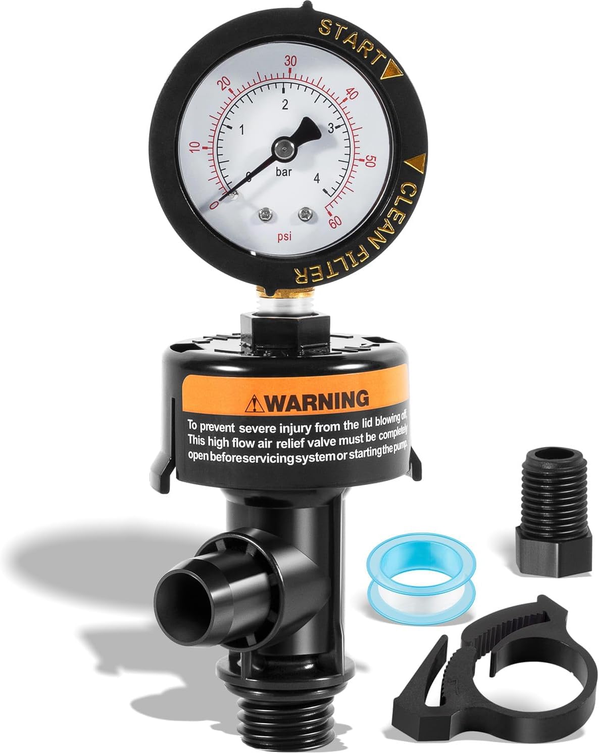 Vanne de vidange d'air avec manomètre pour filtre de piscine - Remplacement compatible avec 98209800 & 190058 - Convient pour Clean & Clear, Warrior, FNS, Predator - Soupape de décharge de pression