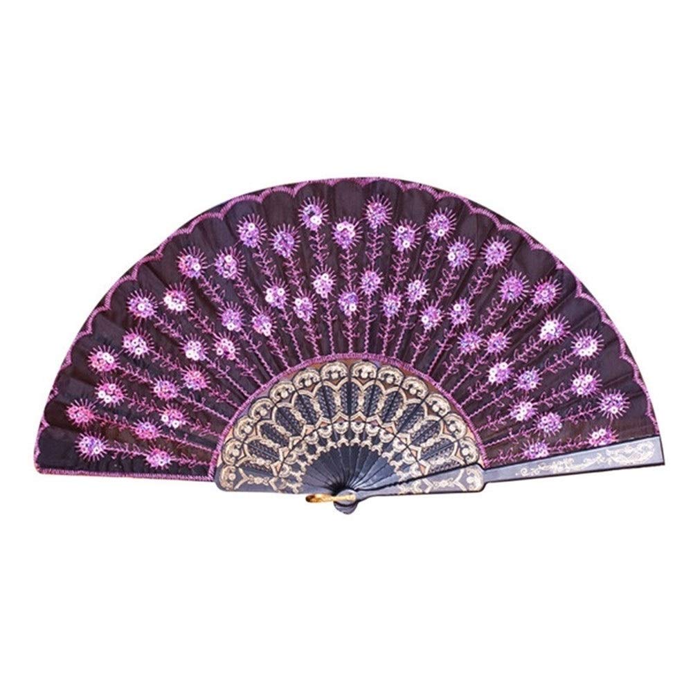 NZPOST Folding fan Peacock Pattern Folding Hand Held Fan Embroidered Sequin Party Wedding Prom Chinese Spain Hand Fan Folding fan (E)