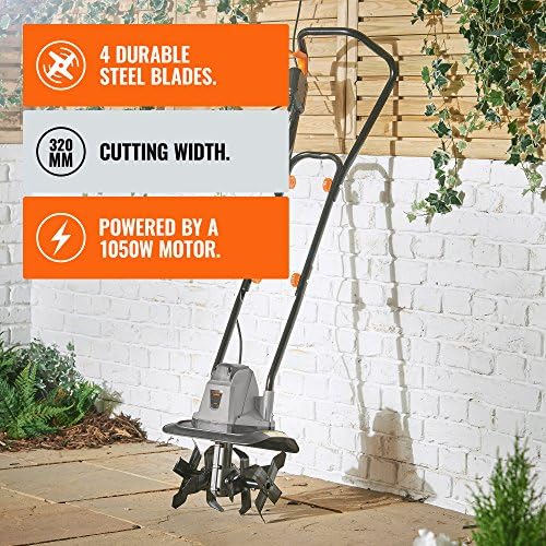 VonHaus Electric Tiller 1050W  Garden Soil Cultivator/Rotavator  32cm Working Width, 22cm Tilling Depth, 4 Steel Blades, 10m Cable, Brake Button, Foldable Frame