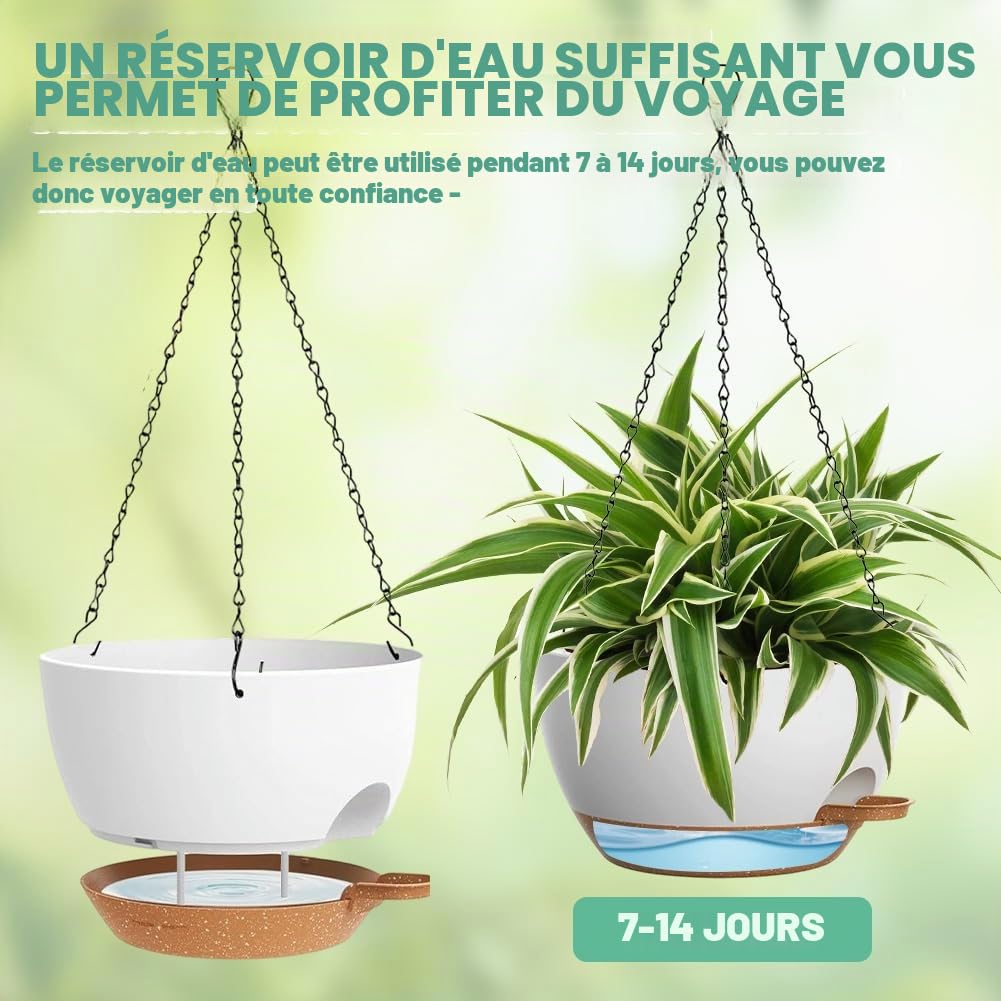 Lot de 3 Pots Suspendus pour Plantes d'Intérieur, 25 cm Jardinières Suspendues avec Soucoupe et Trous de Drainage, Pots de Fleurs Suspendus pour Balcon, Salon, Jardin, Intérieur et Extérieur, Blanc