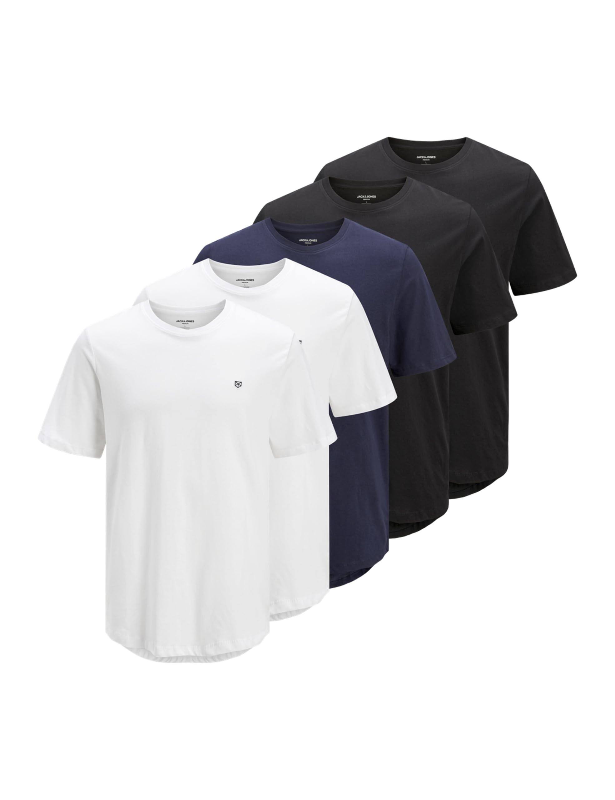 JACK & JONES Men’s Cotton T-Shirt – 5-Pack (2 White, 2 Black, 1 Navy) – Regular Fit Crew Neck Short Sleeve – Embroidery & Curved Hem – Soft & Breathable Fabric – Everyday Casual Wear (Size - L)