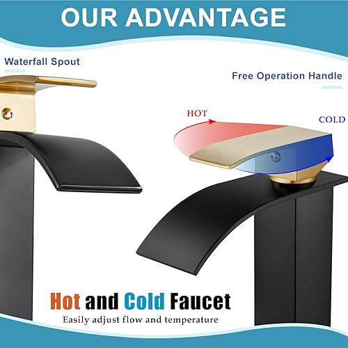 Miniatura 8 de Midanya Grifo de baño con boquilla de cascada de una sola manija, grifo de lavabo de baño de 1 agujero, moderno grifo de lavabo de tocador de RV con