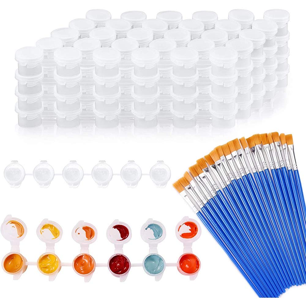 Fawiwpse 20 Strips 120 Pots Empty Paint Pots Strips Mini Clear Storage Containers and 20 Pcs Paint Brushes Painting Arts Crafts