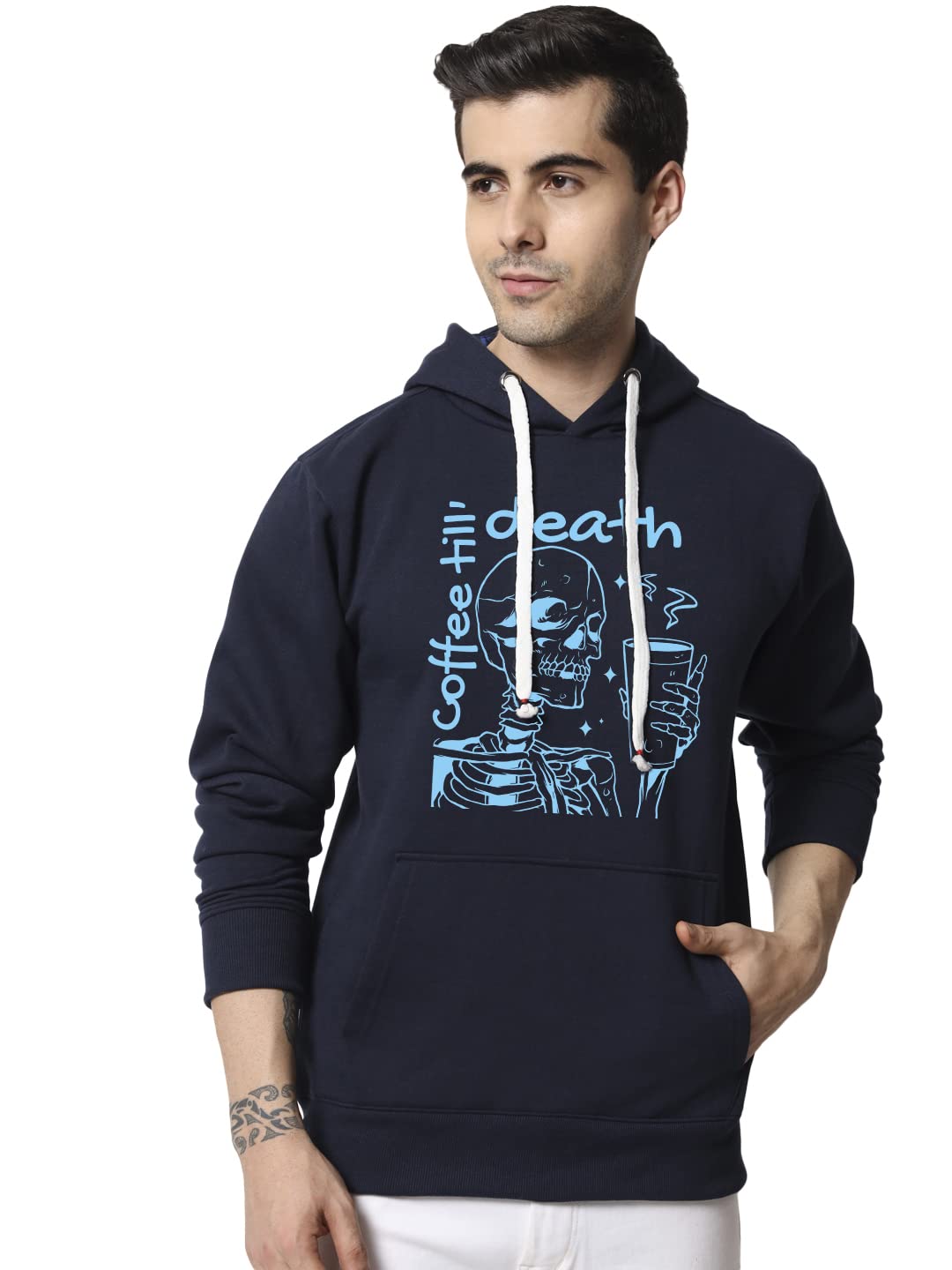 FflirtygoMens Fleece Sweatshirt Hoodie Navy Blue Color Coffee Till Death Printed