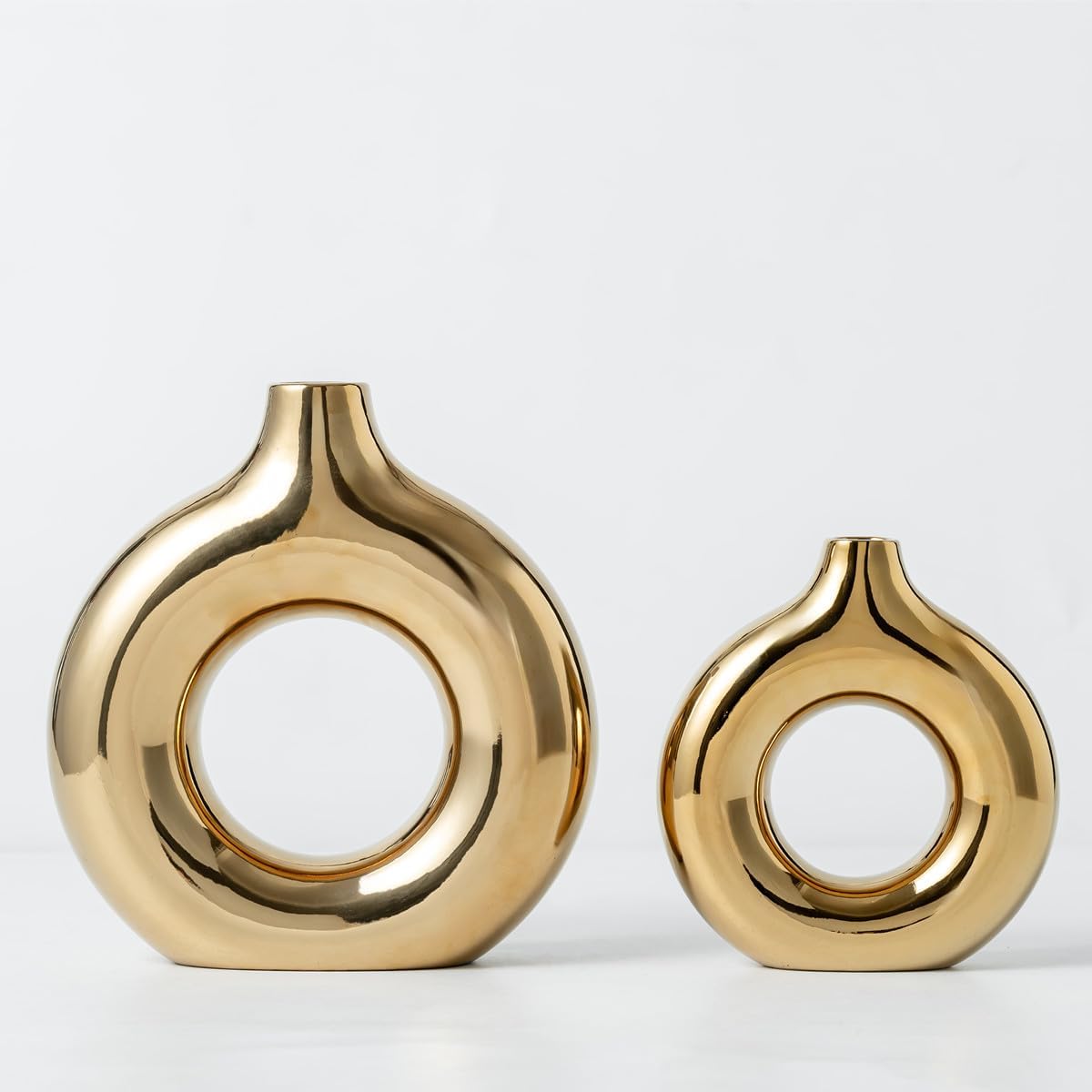 White and Gold Donut Vase, Modern Ceramic Vase for Pampas Grass, Perfect Centerpiece for Weddings, Living Room, and Office Decor (Full Gold, Set(S+L))