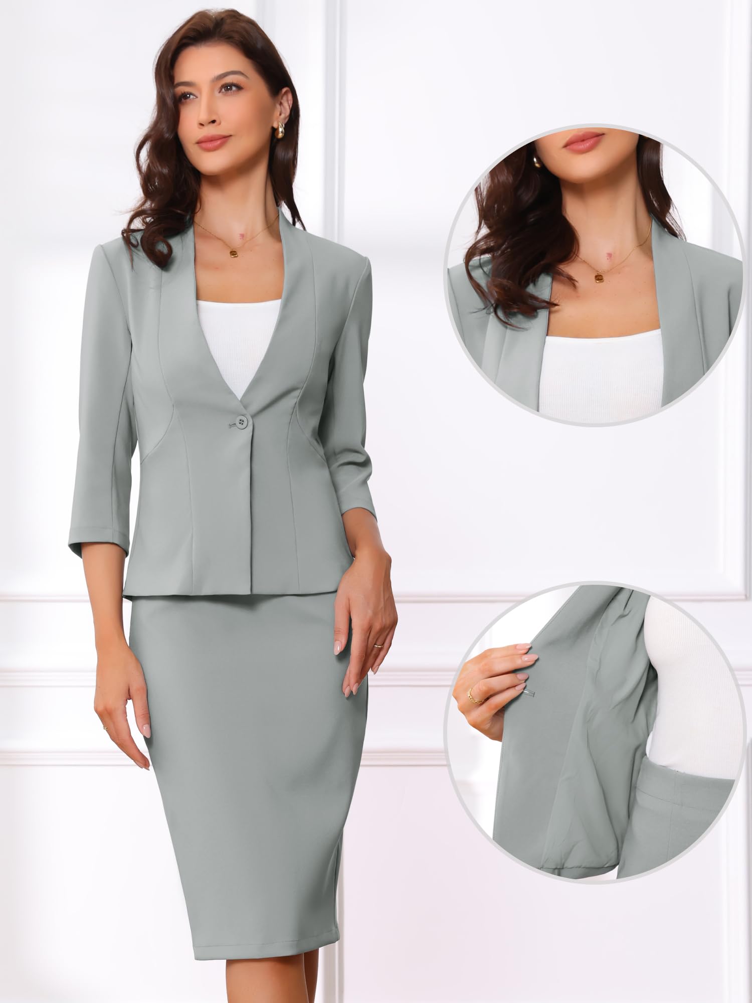 Allegra K Ensemble jupe d'affaires 2 pièces pour femme, tenue de travail de bureau, blazer sans col, jupe crayon, gris, Taille L