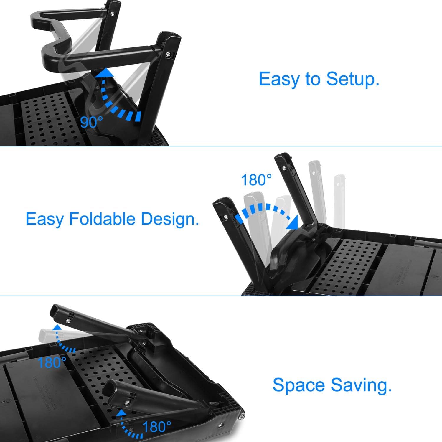 Series of images showing the laptop table legs being unfolded and adjusted. The first image shows the legs rotating 90 degrees, the second shows them rotating 180 degrees for folding, and the third emphasizes space-saving.
