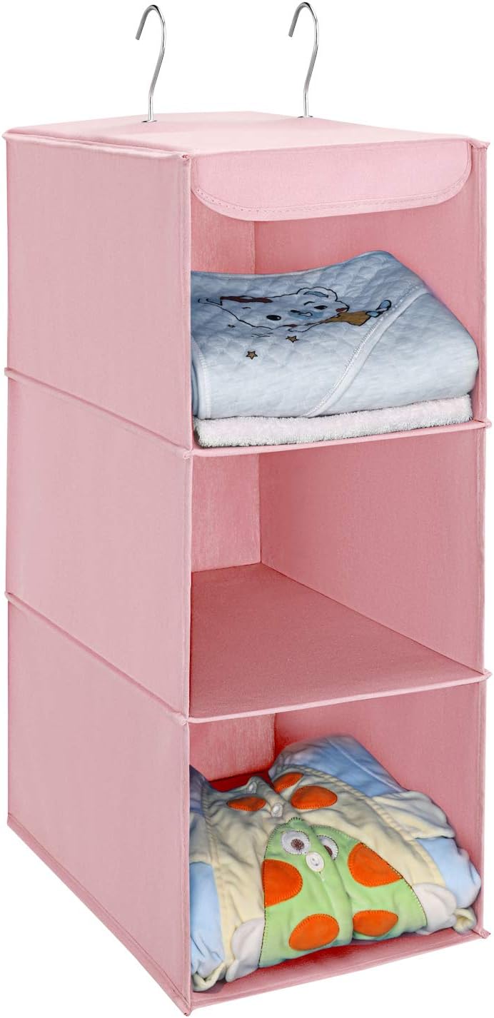 Amazon Brand – Umi Hanging Storage, 3 Tiers Wardrobe Storage Organiser Closet Organizer with 2 Hooks, Foldable, Pink