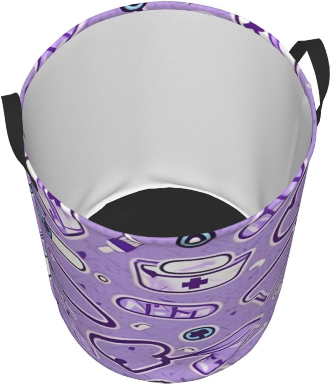 Nurse Pattern Purple Print Circular Protable Storage Bin,Basket For Laundry Hamper With Handles Bedroom Clothes