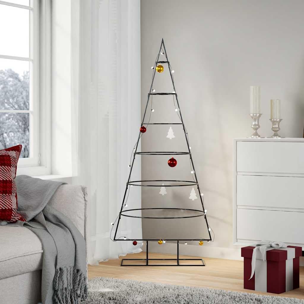 Albero di Natale in metallo, 150 cm, nero, in acciaio verniciato a polvere, con 6 livelli, supporto stabile, pieghevole, per interni ed esterni, balcone, moderna decorazione natalizia con