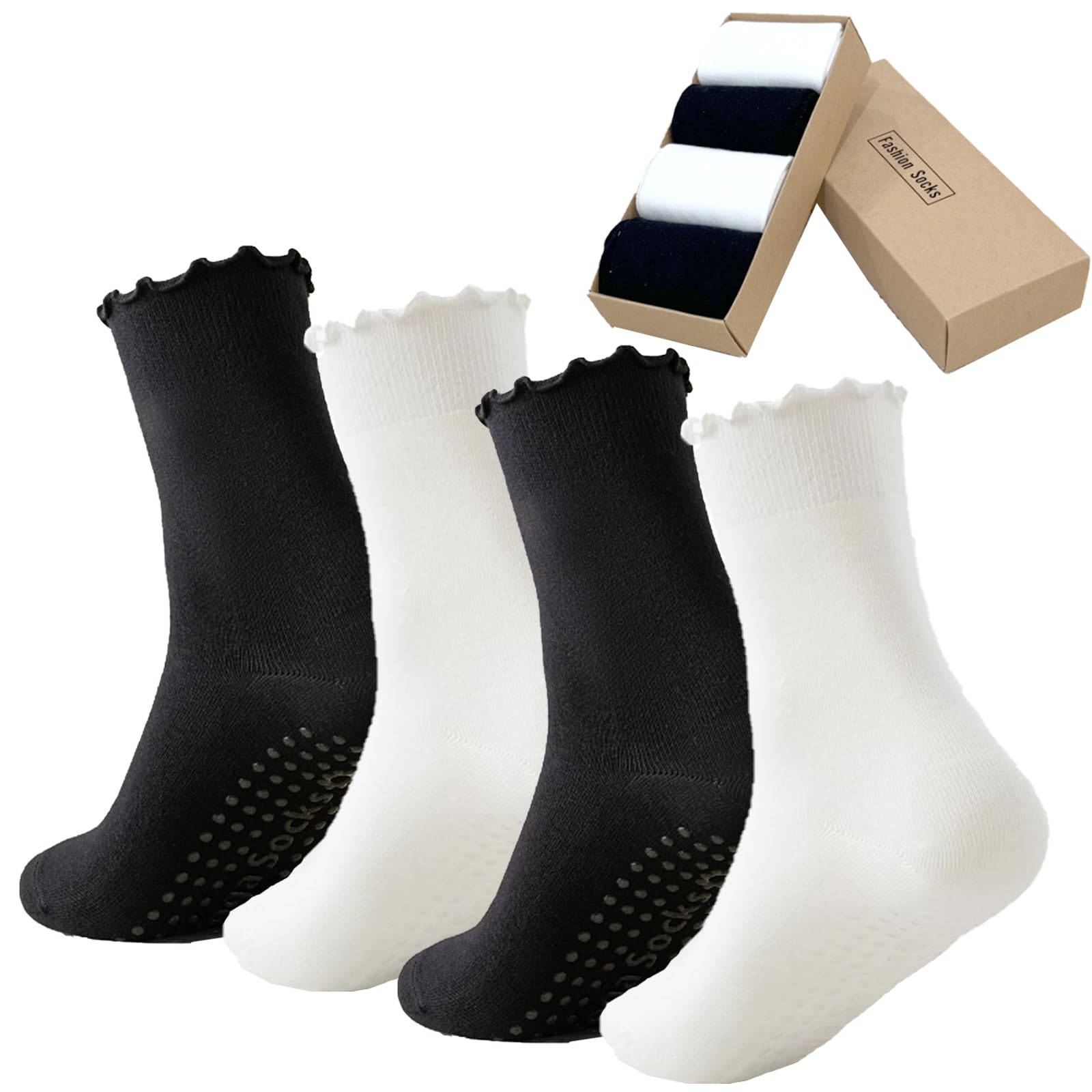 4 Pairs Ruffle Yoga Socks for Women,Cute Frilly Non-Slip Grips Socks for Pilates,Fitness,Hospital,Pregnant