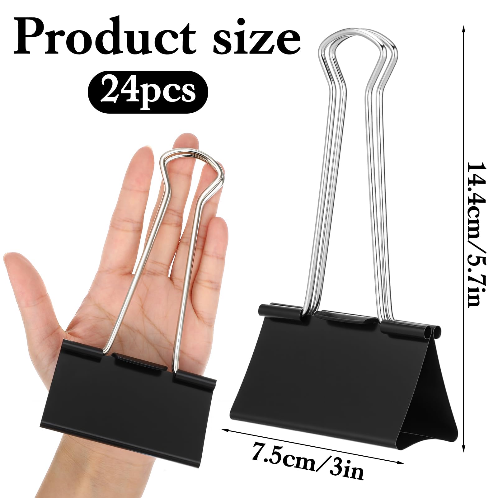 Confezione da 24 clip per raccoglitori da 7,6 cm, resistenti, grandi, per ufficio, casa, scuola, colore nero, XXL (7,6 x 14,5 cm)