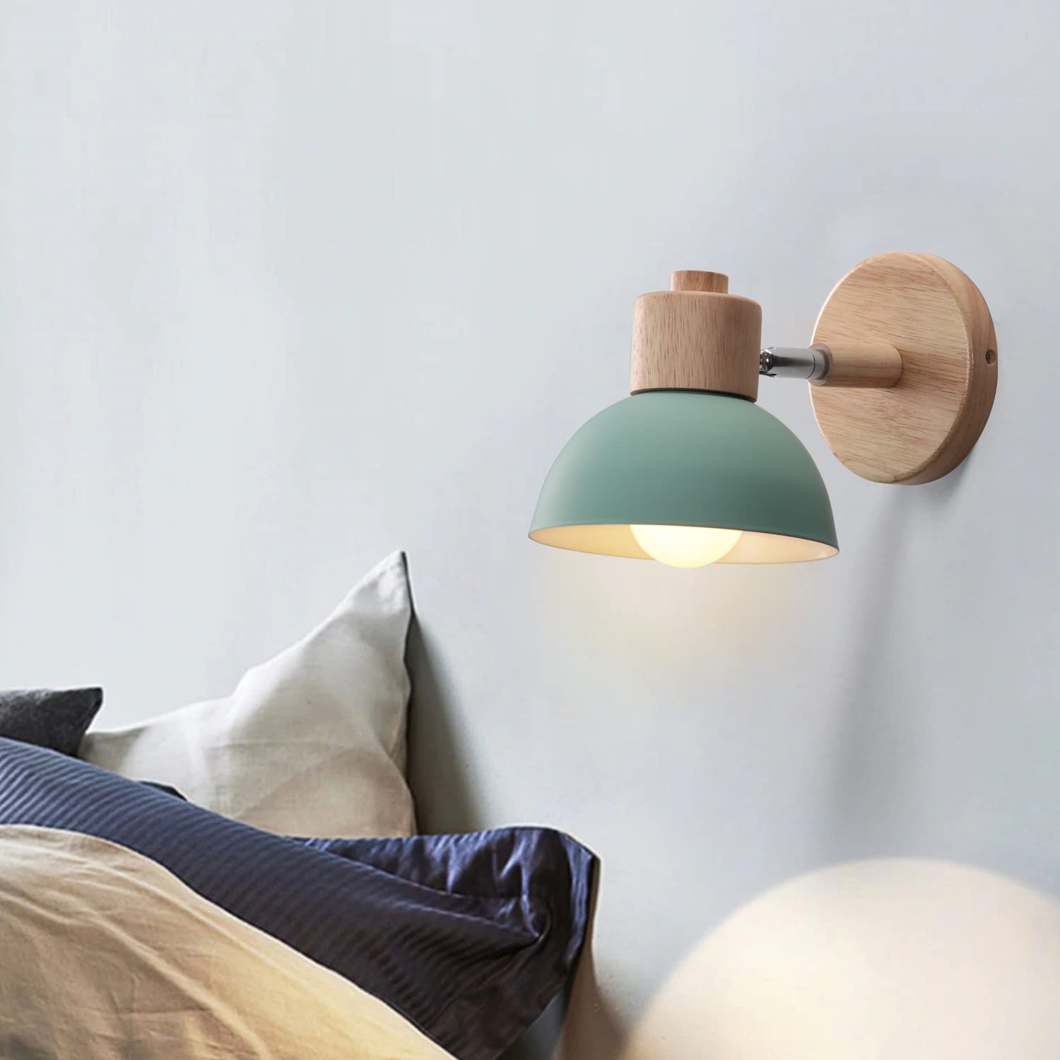 iDEGU 2 Pezzi Lampade da Parete Retrò Vintage Applique da Parete Interno in Metallo e Legno Moderne Faretto a Muro Orientabile E27 Luce da Camera da Letto Soggiorno (Verde)